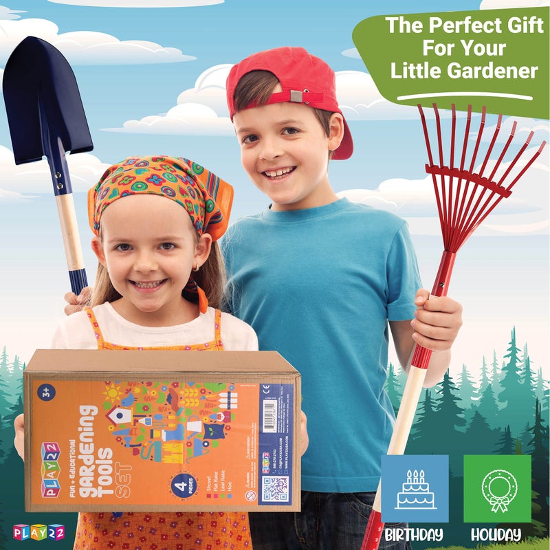 Play22 Kids Garden Tool Set Toy 4-Piece - Shovel, Rake, Hoe, Leaf Rake, Wooden Gardening Tools for Kids Best Outdoor Toys Gift for Boys and Girls - Image 5